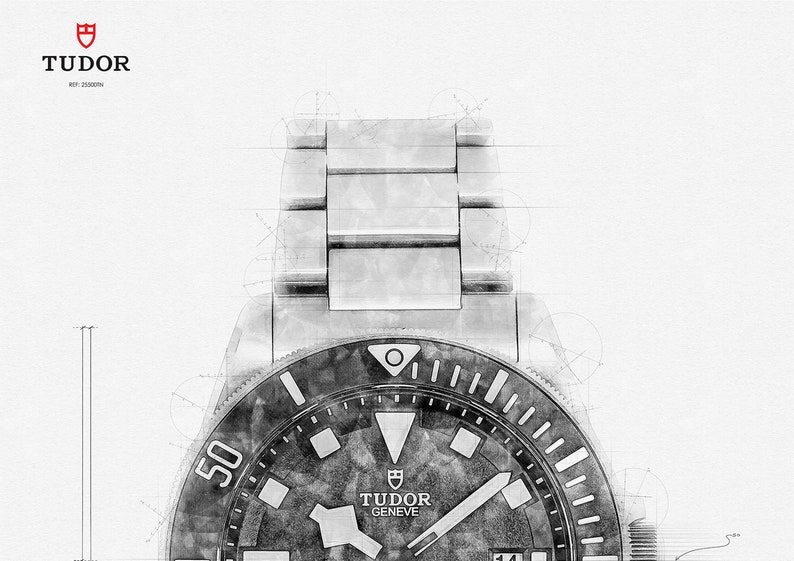 Peut inclure: Un croquis en noir et blanc d'une montre Tudor avec un cadran noir et des aiguilles argent&eacute;es. La montre a un grand cadran rond avec une lunette noire et un bracelet argent&eacute;. Le cadran de la montre comporte un guichet de date &agrave; 3 heures et une petite aiguille des secondes &agrave; 9 heures. La montre est marqu&eacute;e "TUDOR GENEVE" sur le cadran.