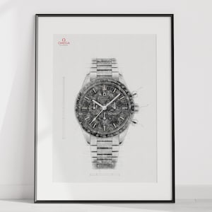 May include: A black and white line drawing of a silver chronograph wristwatch with a black face. The watch is labeled "OMEGA" in red text.