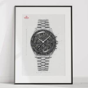 May include: Framed black and white print of an Omega Speedmaster watch. The watch is depicted in a detailed sketch style, showcasing the intricate design of the watch face and band. The Omega logo is visible in the upper left corner.