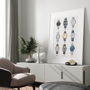 May include: A white framed poster with a collection of 12 different wristwatches. The watches are arranged in four rows of three. Each watch has a different design and color scheme. The poster is hanging on a white wall.