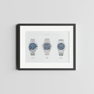 K&ouml;nnte beinhalten: Ein gerahmter Druck von drei silbernen Armbanduhren mit blauen Zifferbl&auml;ttern. Der Text "The Holy Trinity" befindet sich oben auf dem Druck.