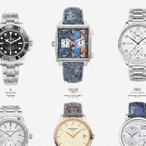 May include: A collection of six luxury wristwatches with different designs and brands. The watches feature silver, gold, and black bands with various dial colors and designs. The brands include Rolex, Heuer, IWC, and A. Lange & S&ouml;hne.