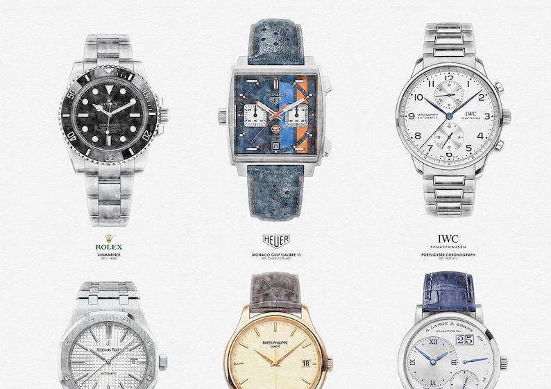 May include: A collection of six luxury wristwatches with different designs and brands. The watches feature silver, gold, and black bands with various dial colors and designs. The brands include Rolex, Heuer, IWC, and A. Lange & S&ouml;hne.