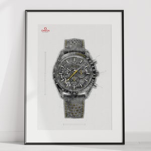 May include: A black and gray chronograph wristwatch with a yellow second hand and a black leather strap with yellow accents. The watch face has the word "OMEGA" printed on it.