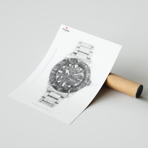 Peut inclure: Un croquis au crayon noir et blanc d'une montre Tudor avec un cadran noir et des aiguilles argent&eacute;es. La montre a un bracelet en m&eacute;tal argent&eacute; et une lunette tournante avec des chiffres.