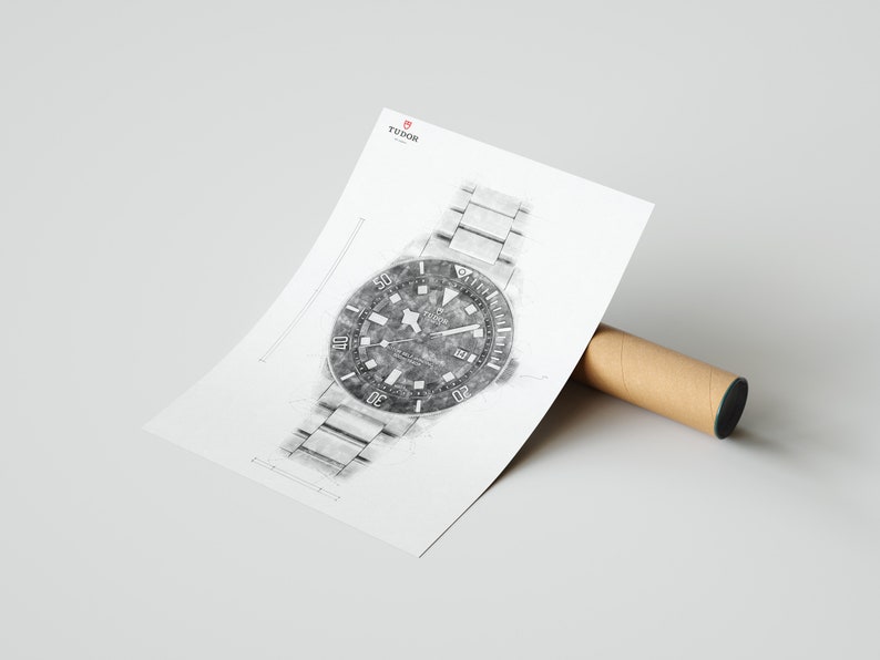 Peut inclure: Un croquis au crayon noir et blanc d'une montre Tudor avec un cadran noir et des aiguilles argent&eacute;es. La montre a un bracelet en m&eacute;tal argent&eacute; et une lunette tournante avec des chiffres.