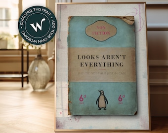 May include: A vintage book cover with a blue background and the title "Looks Aren't Everything" in white text. The subtitle is "But I've Got Them Just In Case". A penguin illustration is below the text. The cover also includes the words "Non Fiction" and "6d net" in pink.