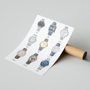 May include: A poster featuring illustrations of nine different wristwatches. The watches are drawn in a realistic style and feature various designs, including a chronograph, a moon phase, and a world timer.