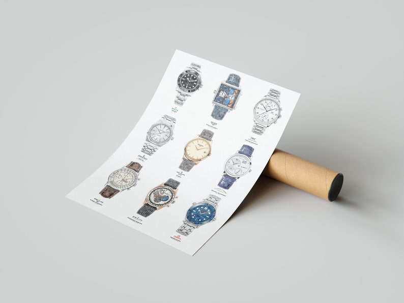May include: A poster featuring illustrations of nine different wristwatches. The watches are drawn in a realistic style and feature various designs, including a chronograph, a moon phase, and a world timer.