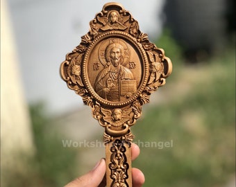 10'' Coptic Hand Blessing Cross Wooden Carved Icon God Almighty Virgin Mary Two-Sided Christian Cross For Bishop Religious Gift Wood Carving