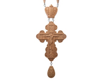 Cruz pectoral de madera de peral tallada: regalo religioso de obispo cristiano (18 cm)
