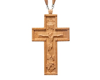 Cruz pectoral tallada en madera: regalo religioso cristiano para obispos (5 pulgadas)