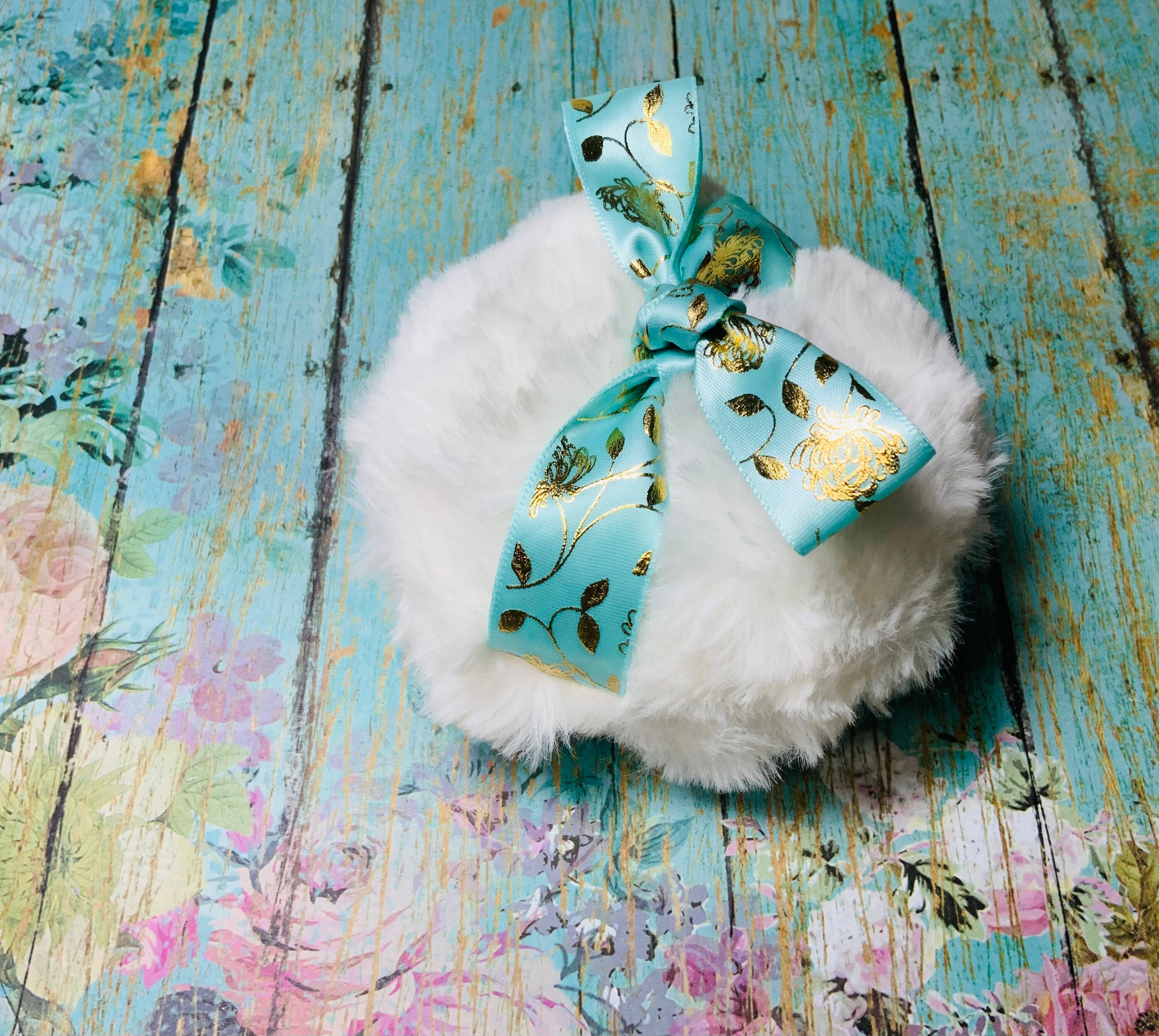 White Soft Luxury Dusting Powder Puff Blue/turquoise Gold Ribbon 4 Etsy