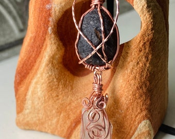 9+ gram Saffordite (Cintamani) Stone & Quartz Crystal Point Copper Wire wrapped Pendant Necklace. Translucent. High Vibrational Healing