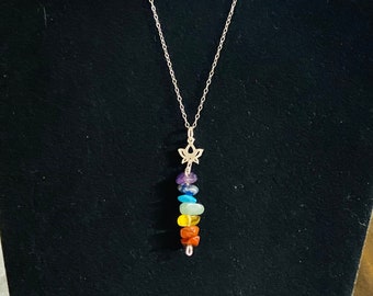 7 Chakra Natural Gemstone beads on .925 Sterling Silver Chain Necklace with Sterling Silver Beads and .925 Lotus Flower Charm. Drop Necklace