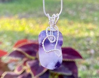 Beaded Natural Amethyst Stone Crystal Pendant Wire Wrapped On Silver Plated Chain Necklace. Healing Stone Necklace. 7 gram stone