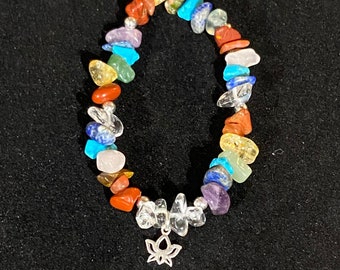 7 Chakra Natural Gemstone Bracelet with Sterling Silver Beads and Lotus Flower Charm .925