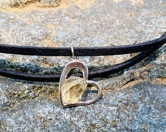 Natural Raw Oregon Sunstone Silver Heart Charm Pendant Choker Necklace -Two Double Faux Leather Strand Choker.  Raw Stone. Healing Stone