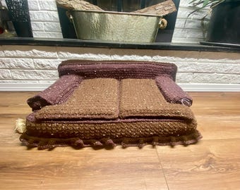 Handmade Crocheted Cat Couch Sofa small pet dog bed Made With Memory Foam, Multi Brown Shades, Removable cushions, 27 inches long