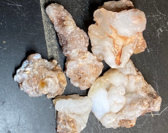 Lot of 6 Raw Chalcedony Agates- some with druzy crystal, Fire Colors, Florescent .  Arizona Black Hills Desert Rock - 6.8 oz- Healing Stone