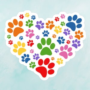 Paw Print Heart Sticker, Rainbow Paw Prints, Waterproof Paw Print Sticker, Gift for Dog Lover, Dog Paw Print Decal, Vinyl, Dog Mom Gift