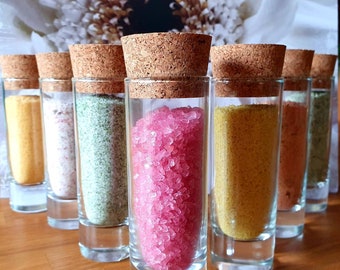 Herbal salts in a shot glass | Red wine salt | Coconut curry salt | Wild garlic salt | Steak salt | Rose petal salt | Basil salt | Golden salt 60g