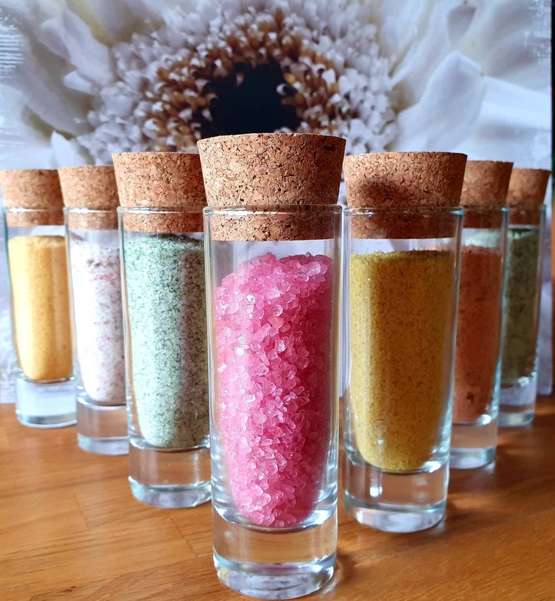 Herbal salts in a shot glass Red wine salt Coconut curry salt Wild garlic salt Steak salt Rose petal salt Basil salt Golden salt 60g image 1