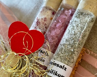 Set of 3 salt sticks, herbal salt, red wine salt, salt in a test tube, different types