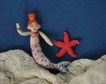 Little Mermaid Doll With Tiny Starfish, Pink Princess In Tiara, Poseable Art Doll, Unusual Christmas Gift, Rag Doll Plush Toy