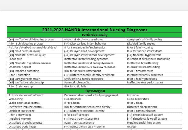 20212023 NANDA Organized List Categorized Nursing Diagnosis Etsy