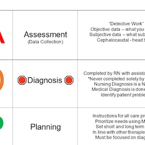 May include: A diagram with the letters A, D, and P in red, orange, and green, respectively. The letters represent the steps in the nursing process: Assessment, Diagnosis, and Planning. Each step is described in detail with bullet points.