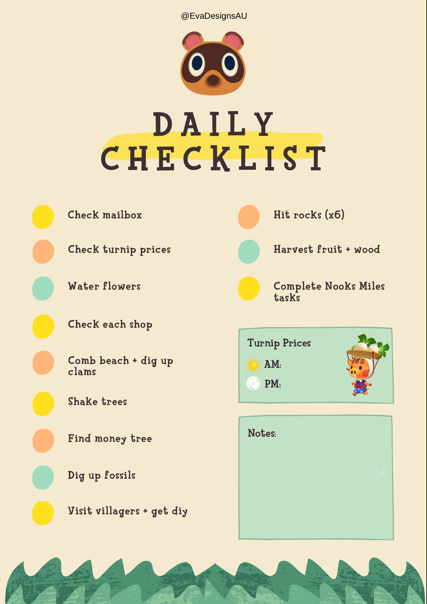 Animal Crossing New Horizons Daily Checklist PDF digital Etsy