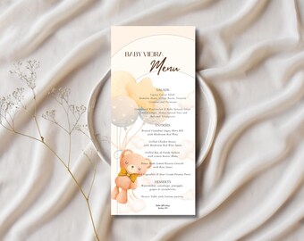 Menu Baby Shower neutro / Modello Canva modificabile con orsetti e palloncini