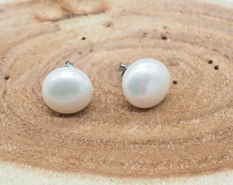 large white pearl stud earrings, vintage pearl earrings, 12 mm stud earrings, 925 silver