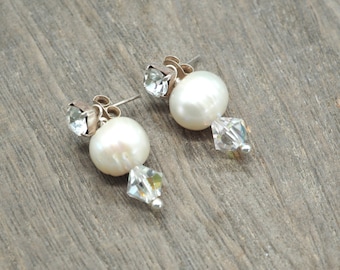 Zirconia stud earrings with cultured pearls, vintage stud earrings, 925 silver