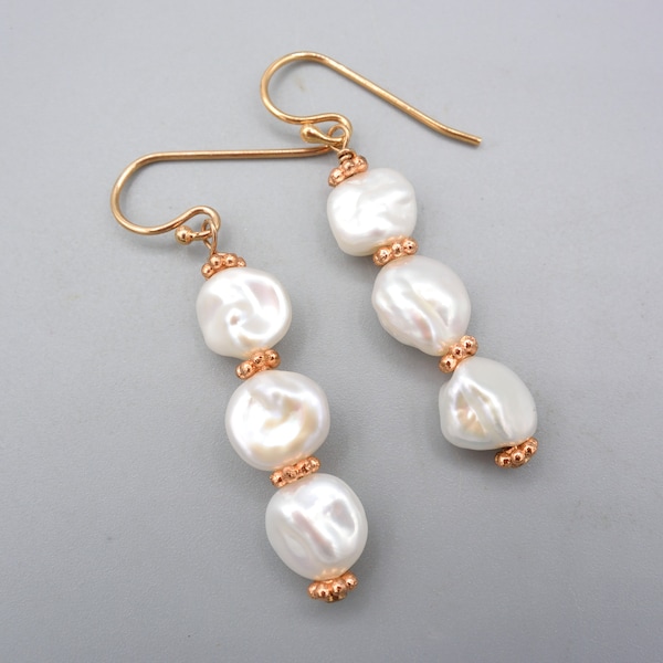 baroque white Kreshi pearl earrings, vintage pearl earrings, 925 silver rose gold plated