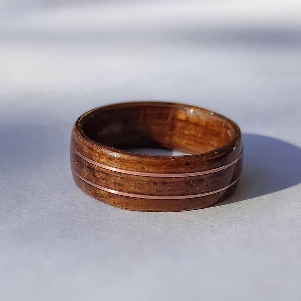 wooden ring from teak wood with two copper wire inlays wedding band wedding ring gift anniversary gift jewelry gift