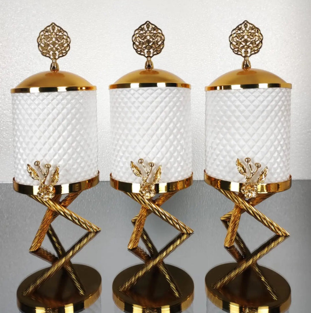 Gold and White Floral Hammered Canister Set With Stand 3 - Etsy