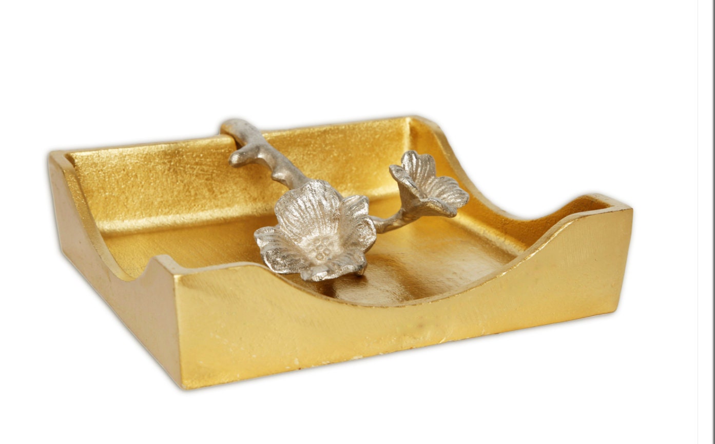 Gold Square Napkin Holder With Silver Leaf Design Etsy
