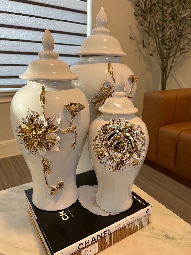 White and Gold Floral Ginger Jar 3 Sizes Etsy