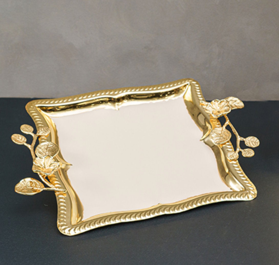 Square Gold Floral Handle Tray w/ White Enamel Interior Etsy