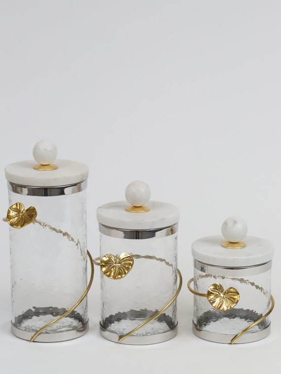 Gold Metal Leaf Branch W/ Marble Ball Lid Canisters With Etsy