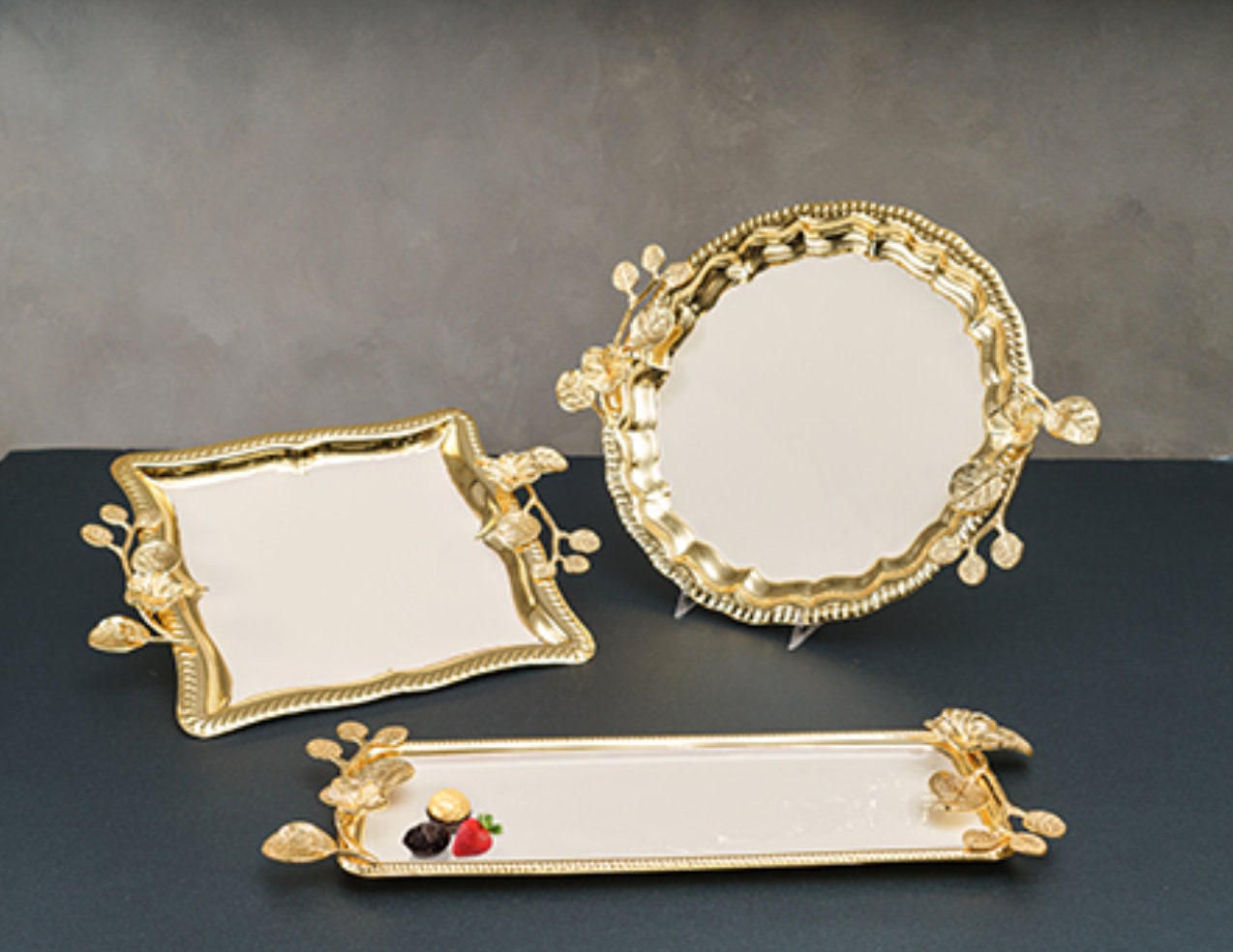 Square Gold Floral Handle Tray w/ White Enamel Interior Etsy