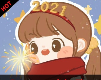 May include: A cartoon illustration of a girl with brown hair wearing a red scarf and a gold headband with the number 2021 on it. She is holding a sparkler in her right hand. The background is a blue sky with white stars.