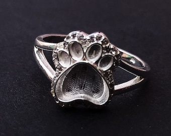 12mm Paw Blank Bezel Surrounded with Cubic Zircon Ring, Good for Resin and Ashes Work,Animal Lover Ring,925 Sterling Silver Paw Ring.