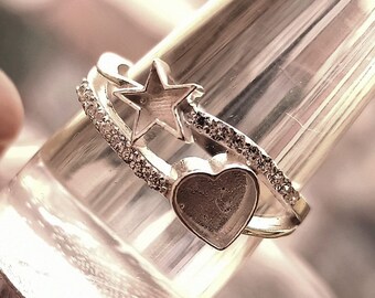 6mm Heart and 5mm Star Ring with Cubic Zircon, Good for Ashes work & Resin Work,925 Sterling Silver Ring