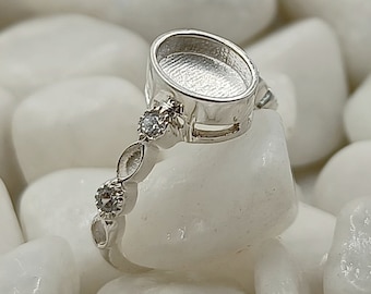 925 Sterling Solid Silver 6x8 Oval shape Blank close back Bezel with zircon on Band Ring, Good for Resin & Ashes Work.