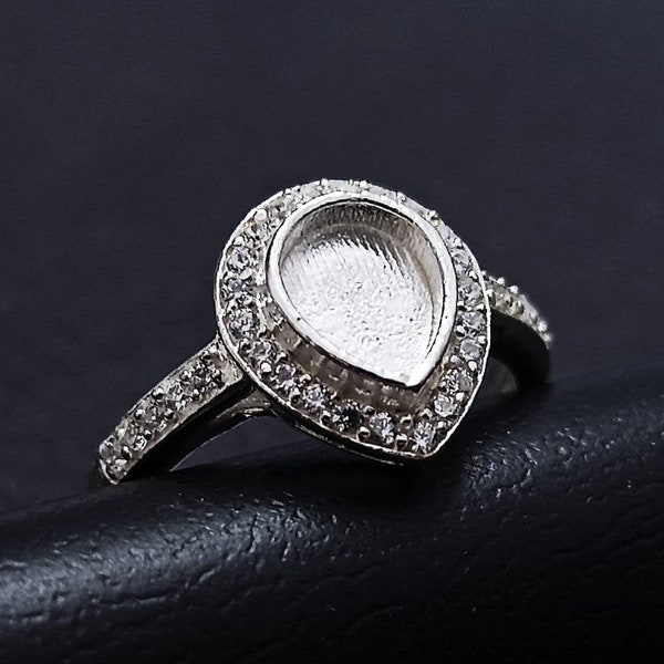 Pear Shape Blank Bezel Ring surrounded with zircon, 925 Sterling Silver Ring, Good for Resin & Ashes Work,Gift For Her