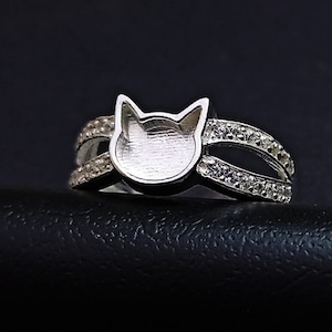 6mm Cat Face Ring with Zircon On Shank, Good for Ashes work & Resin Work,925 Sterling Silver Ring,Cat Lover Ring,Animal Ring,Goodluck Ring