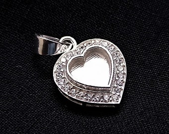 copy link -Heart Shape Blank Bezel Pendant with zircon, 925 Sterling Silver Pendant, Good for Resin & Ashes Work, Any Color Zircon Available